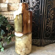 Hand Blown Glass Vase Large Vintage Brown Cream Mexican Abstract Painted Rare picture