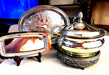 3 PC SILVER LOT- JELLY TRAY & GALLERY TRAY & COVERED SERVER W/PYREX BOWL INSERT picture