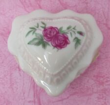 Vintage Heart Shaped Porcelain Trinket Box With Lid Pink Rose Gift picture