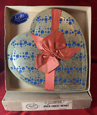 Vintage 1940s Apollo Chocolates 9” Blue Polka Dot Heart Gold Embossed Candy Box picture