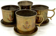 Set of Four Vintage Nautical Brass Cup & Saucers Drink Mugs Maritime Navy  picture