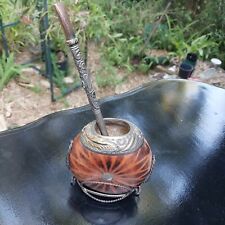 Vintage Silver 800 gold Yerba Mate Gourd Bombilla Cup w stand picture