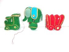 Vintage Felt Christmas Train Engine and Caboose and Elephant on Ball Ornaments picture