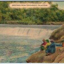 c1940s Tishomingo, OK Greetings Fishing Dam on Pennington Creek Lake Texoma A243 picture