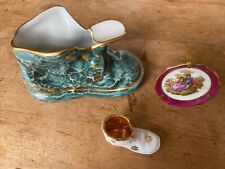 3 LOVELY VINTAGE LIMOGES PORCELAIN TRINKETS ORNAMENTS BOOT x 2 + PLATE & STAND picture
