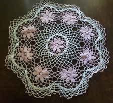 Vintage Pink and White Crochet Doily 9 pink flower- Round  24 inches picture