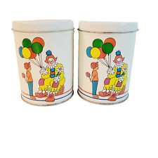 2 Vtg Tins Canisters Lids Clowns Party Balloons Steel Yellow Green Red picture