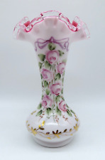VTG Fenton cased Glass Vase All over Hand Painted Pink Roses Green Gold accents picture