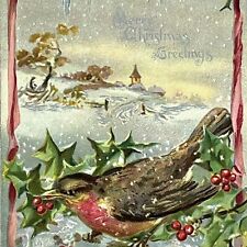 Vintage Tucks Postcard Embossed Merry Christmas Holly Series No. 100 Snowy Robin picture