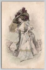 Beautiful Victorian Lady Large Hat Parasol Tinted Sketch Style Postcard A45 picture
