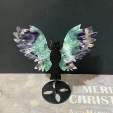 1PC Natural Feather fluorite Butterfly Wings skull carved Quartz Crystal+Stand picture
