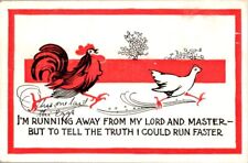 Rooster & Hen Running, I'm Running Away From My Lord And Master Comic Postcard picture