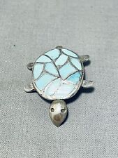 CUTEST VINTAGE ZUNI BLUE GEM TURQUOISE STERLING SILVER TURTLE PIN picture