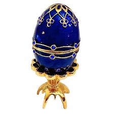 Enamel Keepsake Trinket Box Egg Cobalt Blue & Gold Tone Stand Metal Rhinestones picture