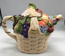 VTG Ceramic Grannycore Shabby Fruit Theme Basket Teapot, Signed, Hand Painted picture