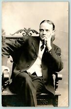 Billy Sunday in Carved Armchair~Thinking Man~Tale on Back~c1920 CU Williams RPPC picture
