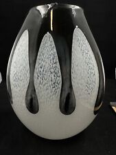 Large Hand Blown Glass Cased White Speckled Vase with Drips of Black 11.25
