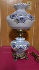 Vintage 1970s Luster Hurricane Lamp Blue Floral Hibiscus Handblown Glass & Brass picture