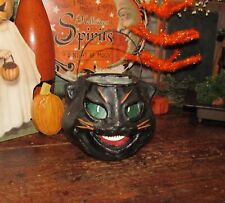 Halloween Black Cat Bucket Prim Antique Vtg Paper Mache Style Jack-O-Lantern picture