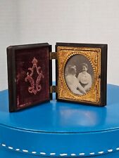 Antique 19th C. Tintype Photo Folding Velvet Lined Frame Ornate Gold Copper picture