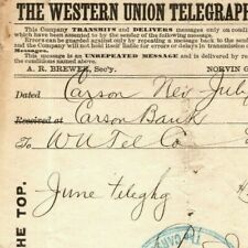 Scarce Vintage 1882 Western Union Telegraph - June Carson Bank Tele Statement picture