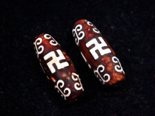 Set Of 2 Old Tibetan Natural Agate *Butterfly & Buddhism* Dzi Beads #06062401R picture