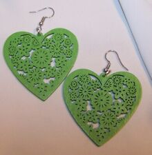 Valentine Heart Earrings-Wooden-Dangle Pierced-Green-NEW picture