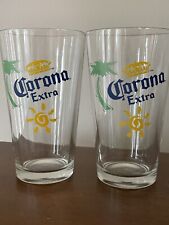 Corona Extra Cerveza Sun Palm Tree Logo Set of Two 16 oz Beer Pint Glasses picture