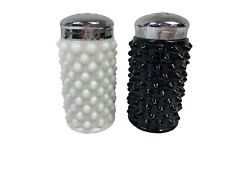 RARE  Fenton glass salt and pepper shakers black white hob nail  chrome lids picture