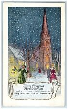 c1905 Merry Christmas New Year  Woman Lantern House Church Snowfalls Postcard picture