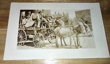 RPPC TWO SMALL DONKEYS HITCHED TO A FIRE WAGON.  FIREMAN FIREHATS HOSE LANTERN . picture