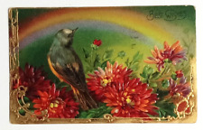 Best Wishes Rainbow Blue Bird Flowers Gold Embossed Gel Postcard c1900s Germany picture