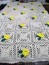 HAND KNIT/CROCHETED DOUBLE YELLOW FLOWER W/GREEN STEM - BEIGE COLOR - 72 X 46 picture