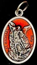 Catholic Saint St Michael Guardian Angel Red  Enamel Silver Tone Medal Italy picture