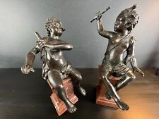 ANTIQUE Pair of Classic Bronze Children Playing the Flute Statues picture