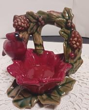 Vtg Ceramic Red Cardinal Bird Sitting By Poinsettias Holly Pinecones Small Candy picture