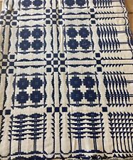 Antique 19thc Loom Woven Indigo Blue Linen Wool Fabric Coverlet Pc #3-Pine Tree picture