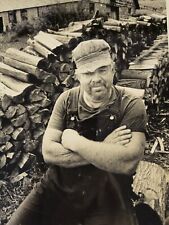 Vintage Maine Farmer Sitting On Log Pile By Barn Original c. 1950's Photograph picture
