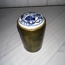 Tobacco / Tea Jar - Vintage -Blue & White Brass w/ hand painted Porcelain Top picture