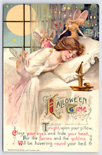 Postcard Halloween Time Pretty Lady Moon Goblins Candle John Winsch 1911 Posted picture