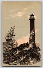 Victorian Trade Card Lithograph Lighthouse Ship Waves Crashing Storm 1880's picture