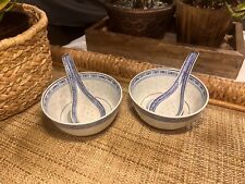 Vintage Chinese Jingdezhen Porcelain Blue & White Rice Grain Bowls And Spoons picture