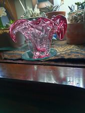 Vintage Murano Cranberry Rolled Edges Bullicate Glass Bowl Italian Heavy picture
