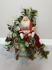 VINTAGE RUBBER FACE SANTA WITH FOLIAGE SITTING ON A WOOD CHAIR HOLLY CHRISTMAS picture