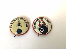 Pair of VTG Pinback I’m Behind The 8 Ball Pool Pin Up Girl Button Redhead picture