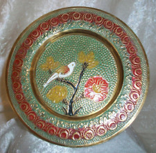 Small Vintage Round Hand Painted Enamel Brass White Dove Peace Bird Plate India picture