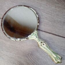Vintage Round Hand Held Victorian Style Vanity Mirror Enamel Copper Brass Handle picture