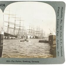 Hamburg Harbor Tall Ships Stereoview c1895 Germany Fleet Tugboat Steamship H711 picture