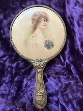 Antique 1910s Art Nouveau mermaid  brass vanity boudoir  hand mirror ( As Is) picture