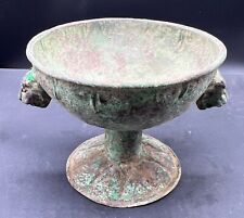 Ancient Old Bactrian Greco Bronze Wine Pike Ryhton With Cheetah Heads On Top picture